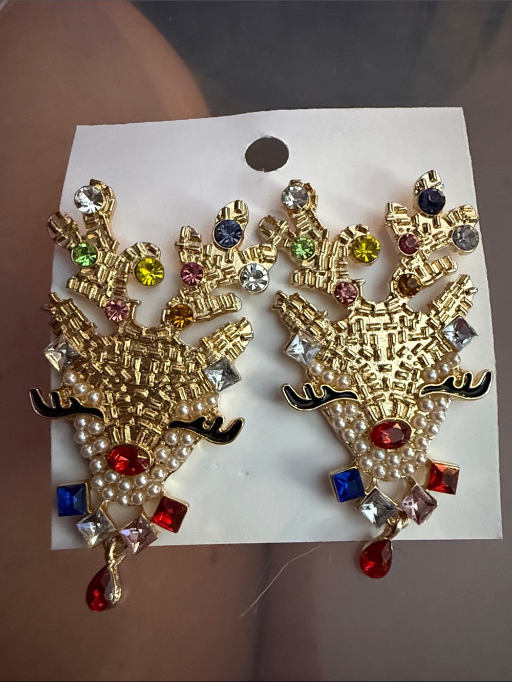 Gold Reindeer Drop Earrings with Multicolor Stones Christmas women’s
